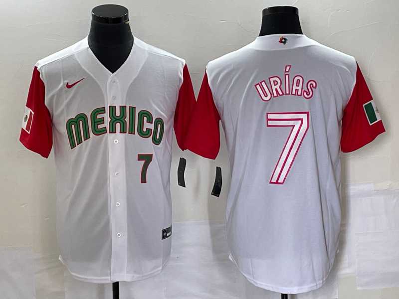 Mens Mexico Baseball #7 Julio Urias Number 2023 White Red World Classic Stitched Jersey 40